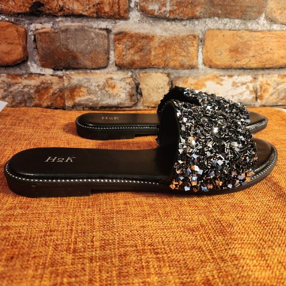 H2K Womens Glitter Bling Fancy Slide Flat Low Wedge Sparkle Sandals Shoes Black - Picture 3 of 7
